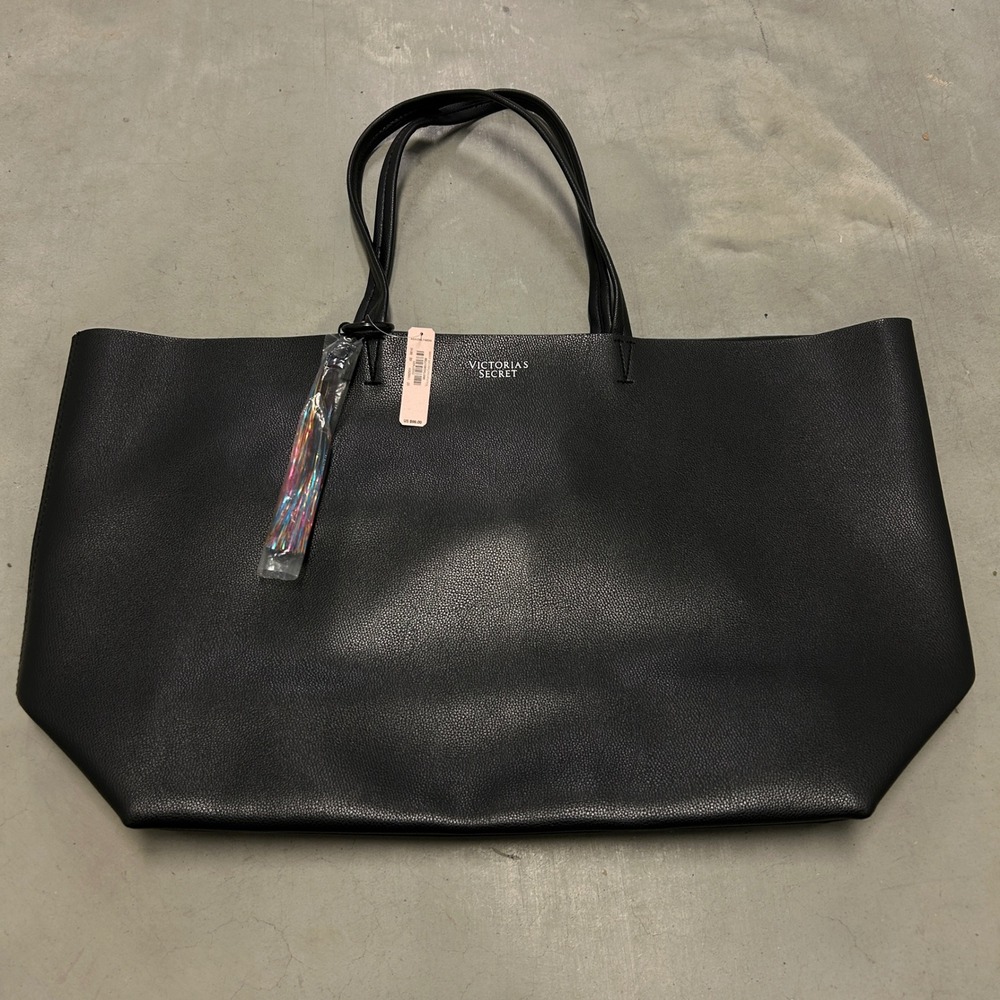 Victorias Secret Black Pebbled Faux Leather Oversized Tote Bag with Tassel NEW